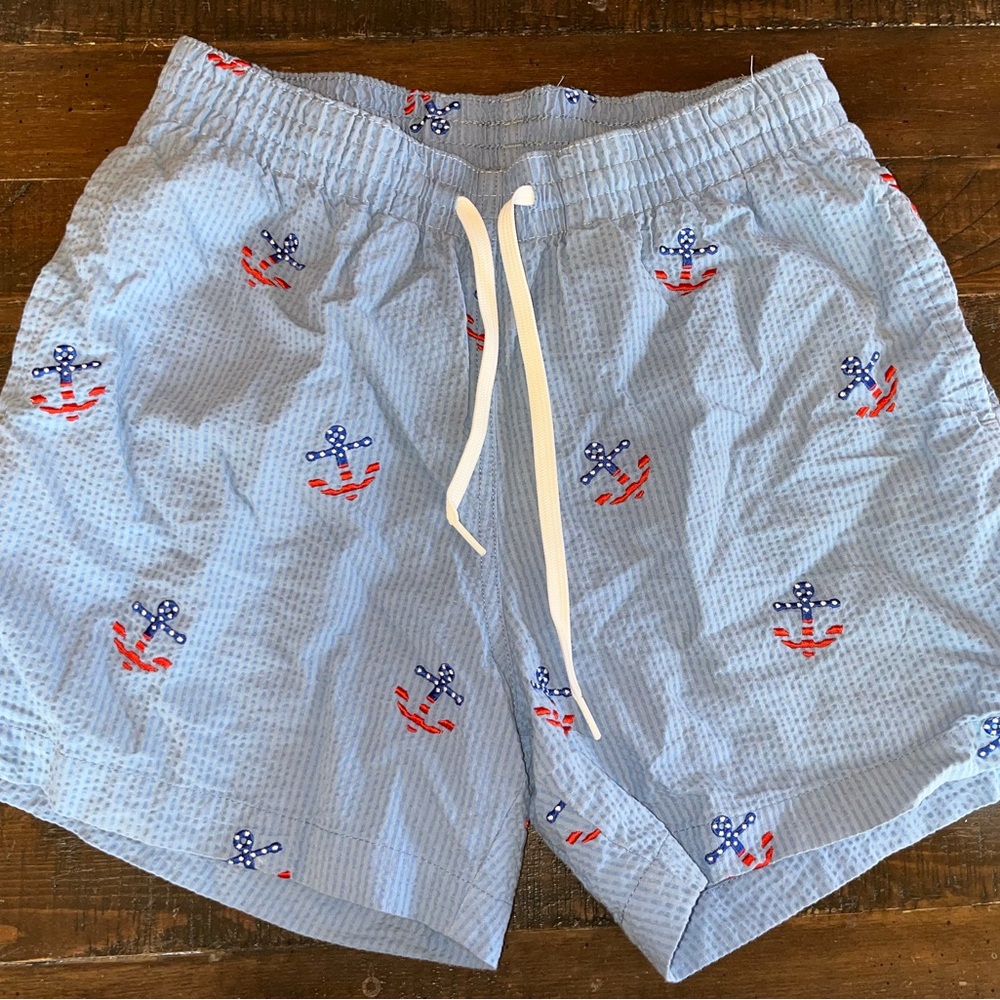 Chubbies Blue Swim Trunks with Red Anchor Pattern